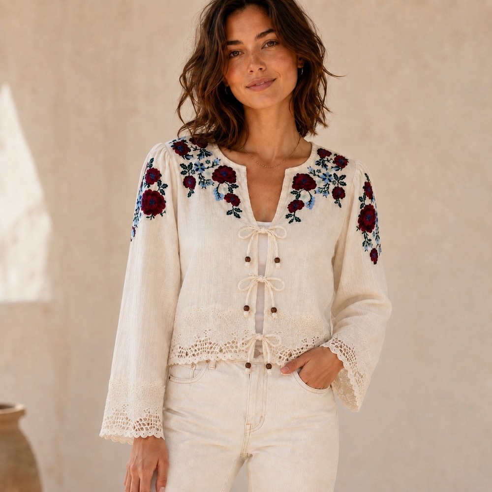 Jennifer & Grace Women S Blouse Cream Floral Embroidered Tie Front Lace Trim